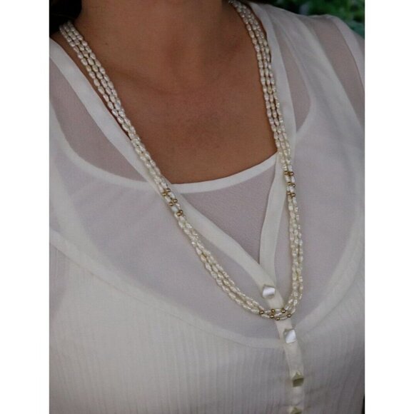 14k Yellow Gold Rice Pearl Gold Bead Three Strand Long 30" Necklace - Picture 2 of 8